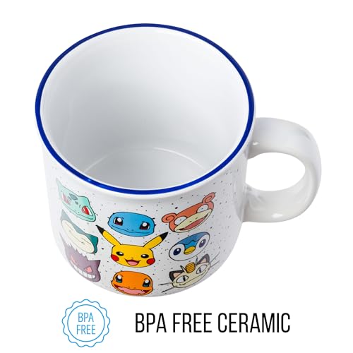 Silver Buffalo Pokemon Bulbasaur, Squirtle, Slowpoke, Snorlax, Pikachu, Piplup, Haunter, Charmander, and Meowth Camper Mug, 20 Ounces