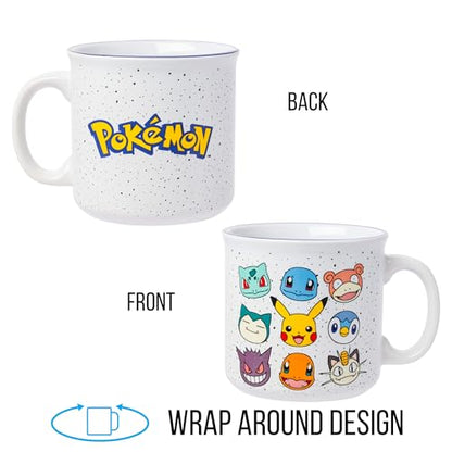 Silver Buffalo Pokemon Bulbasaur, Squirtle, Slowpoke, Snorlax, Pikachu, Piplup, Haunter, Charmander, and Meowth Camper Mug, 20 Ounces