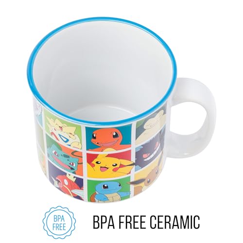 Silver Buffalo Pokemon Pikachu, Snorlax, Charmander, Squirtle, Bulbasaur, Eevee, Gengar, Togepi, Magikarp, Psyduck, Jigglypuff, Meowth, Mew, Lapras, Butterfree, and More Ceramic Camper Mug, 20 Ounces