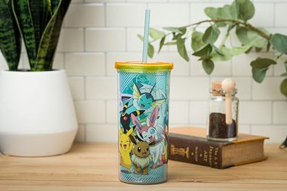 Silver Buffalo Eevee and Pikachu Plastic Tall Cold Cup with Lid and Straw, 20 Ounces