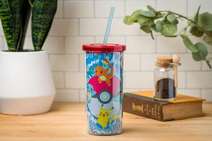 Silver Buffalo Pokemon Started Tie Dye Plastic Tall Cold Cup With Lid And Straw, 20 Ounces