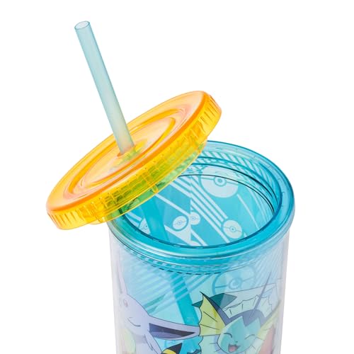 Silver Buffalo Eevee and Pikachu Plastic Tall Cold Cup with Lid and Straw, 20 Ounces