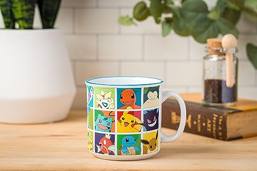 Silver Buffalo Pokemon Pikachu, Snorlax, Charmander, Squirtle, Bulbasaur, Eevee, Gengar, Togepi, Magikarp, Psyduck, Jigglypuff, Meowth, Mew, Lapras, Butterfree, and More Ceramic Camper Mug, 20 Ounces