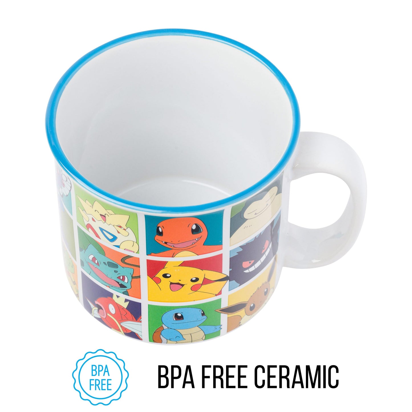 Silver Buffalo Pokemon Pikachu, Snorlax, Charmander, Squirtle, Bulbasaur, Eevee, Gengar, Togepi, Magikarp, Psyduck, Jigglypuff, Meowth, Mew, Lapras, Butterfree, and More Ceramic Camper Mug, 20 Ounces