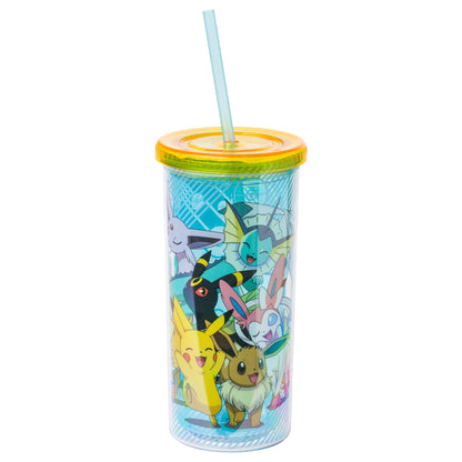 Silver Buffalo Eevee and Pikachu Plastic Tall Cold Cup with Lid and Straw, 20 Ounces