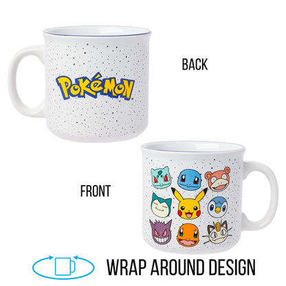 Silver Buffalo Pokemon Bulbasaur, Squirtle, Slowpoke, Snorlax, Pikachu, Piplup, Haunter, Charmander, and Meowth Camper Mug, 20 Ounces