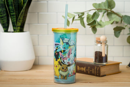 Silver Buffalo Eevee and Pikachu Plastic Tall Cold Cup with Lid and Straw, 20 Ounces