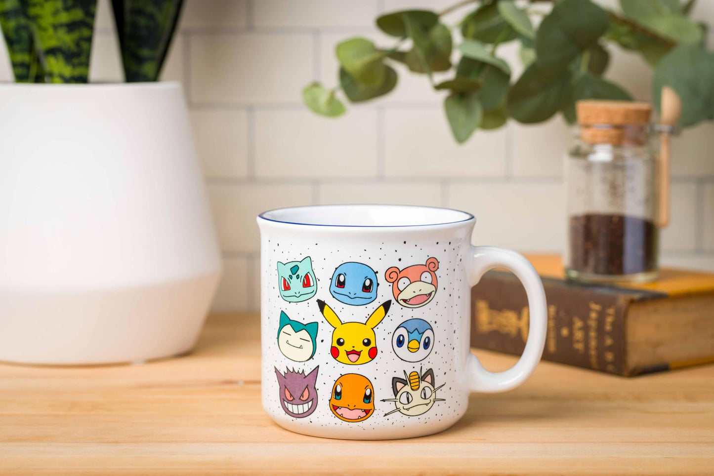 Silver Buffalo Pokemon Bulbasaur, Squirtle, Slowpoke, Snorlax, Pikachu, Piplup, Haunter, Charmander, and Meowth Camper Mug, 20 Ounces