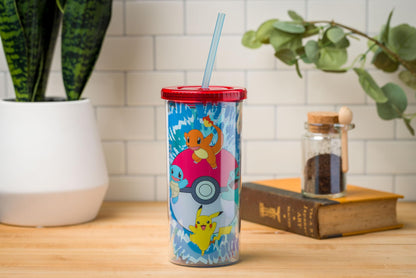 Silver Buffalo Pokemon Started Tie Dye Plastic Tall Cold Cup With Lid And Straw, 20 Ounces