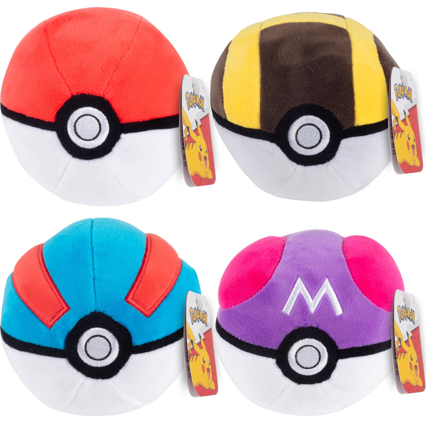 Pokemon 5" Poké Ball Plush 4-Pack - Pokeball, Great, Ultra, Master - Officially Licensed - Soft Stuffed Toy with Weighted Bottom - Easter Basket Stuffer Gift for Kids, Boys, Girls - 2+