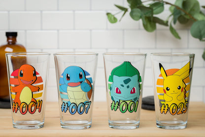 Silver Buffalo Pokemon Original Starters Charmander, Squirtle, Bulbasaur, and Pikachu 4pc. Pint Glass Set, 16 Ounces