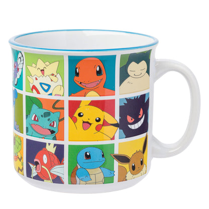 Silver Buffalo Pokemon Pikachu, Snorlax, Charmander, Squirtle, Bulbasaur, Eevee, Gengar, Togepi, Magikarp, Psyduck, Jigglypuff, Meowth, Mew, Lapras, Butterfree, and More Ceramic Camper Mug, 20 Ounces